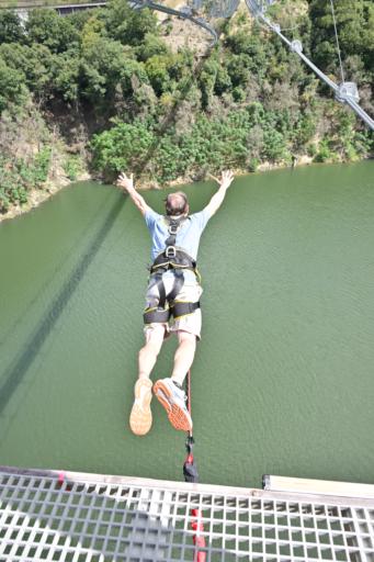 A person is captured mid-jump during a bungee jump from a metal platform. They are wearing a harness and have their arms extended outward. Below, a green body of water is visible, surrounded by dense green foliage and trees. Overhead, cables and a structure frame part of the scene.